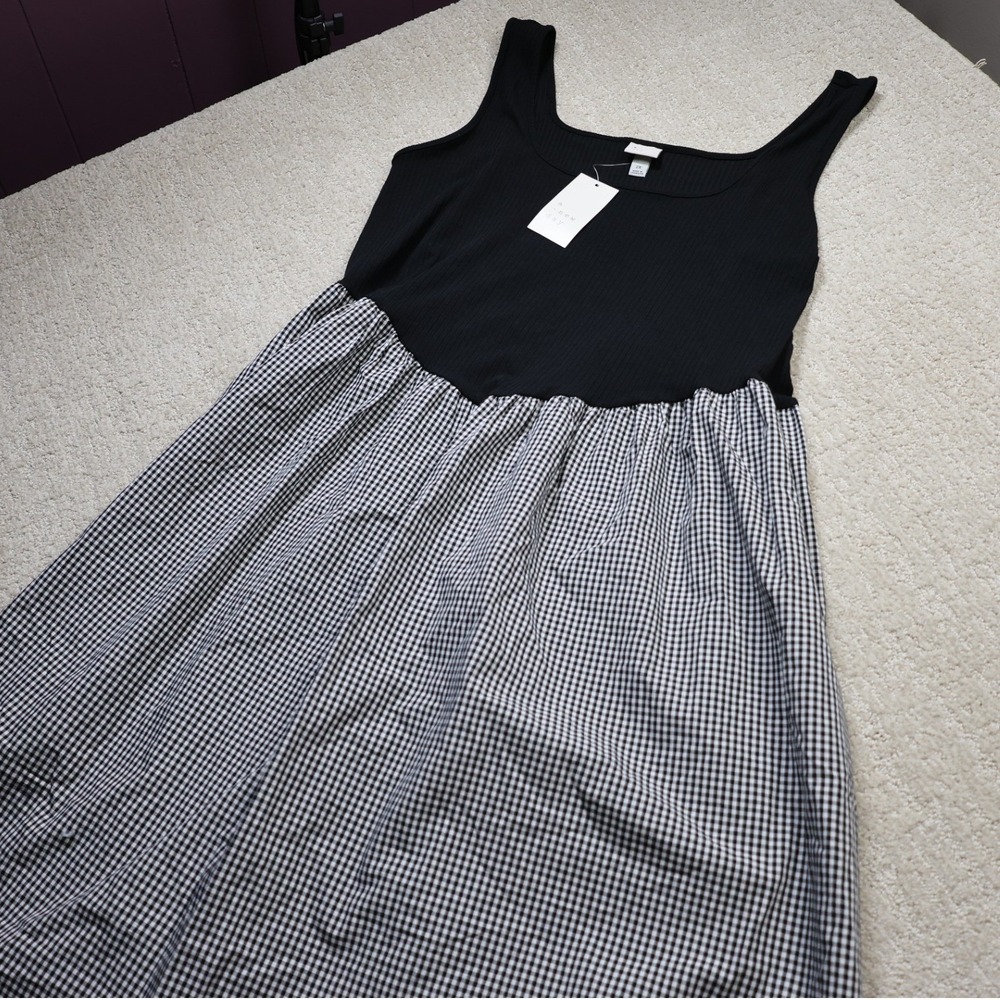 A New Day Women 2X Black Ribbed Gingham Mixed Media Sleeveless Midi Dress NWT